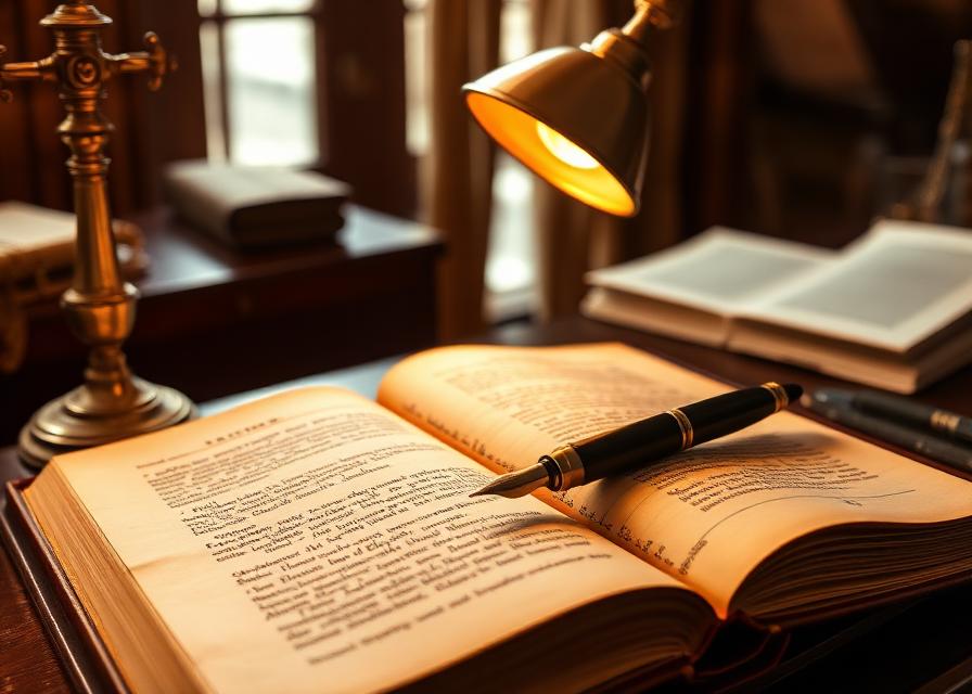 Open antique estate ledger with fountain pen under a brass desk lamp