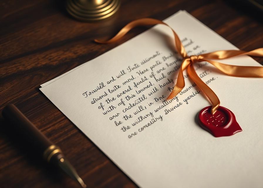 Handwritten last will and testament sealed with red wax and silk ribbon
